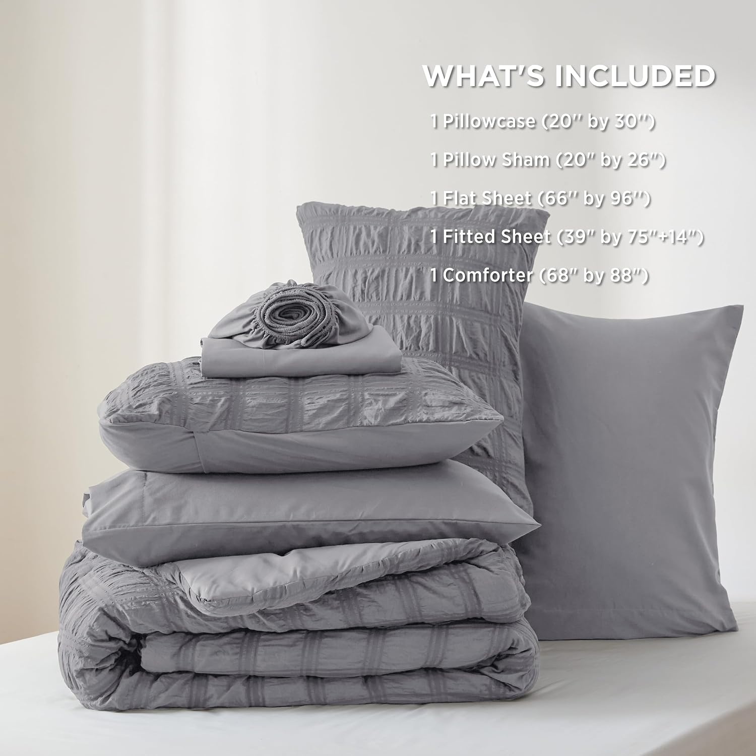 image:imageBedsure White Twin XL Comforter Sets 5 Piece Seersucker Twin XL Bed in a Bag Lightweight Soft White Comforter Set for College Dorm Comforters Sheets Pillowcases amp Shams05 Gery