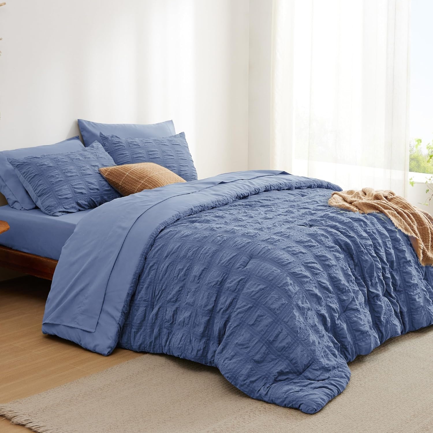 image:imageBedsure White Twin XL Comforter Sets 5 Piece Seersucker Twin XL Bed in a Bag Lightweight Soft White Comforter Set for College Dorm Comforters Sheets Pillowcases amp Shams07 Blue
