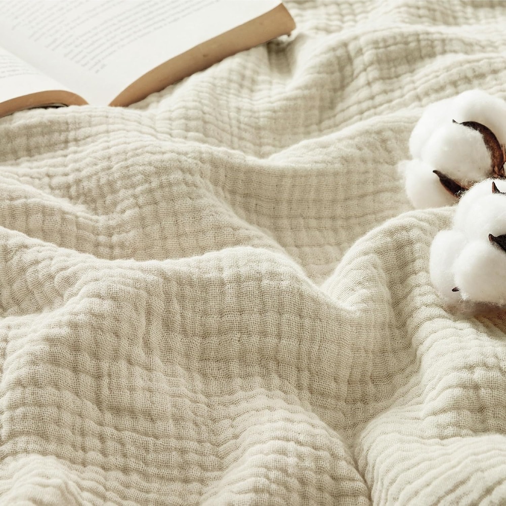 image:imageBedsure 100 Cotton Muslin Blanket Twin XL for Bed  4Layer Breathable and Lightweight Soft Gauze Muslin Blankets for Adults PureWoven Thin Summer Blanket for College Dorm Linen Beige 66x90 Inches00  Beige