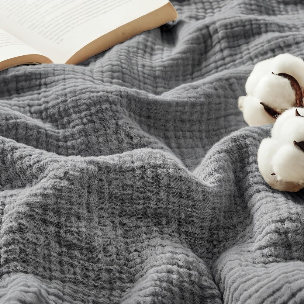 image:imageBedsure 100 Cotton Muslin Blanket Twin XL for Bed 4Layer Breathable and Lightweight Soft Gauze Muslin Blankets for Adults PureWoven Thin Summer Blanket for College Dorm Linen Beige 66x90 Inches02 Grey