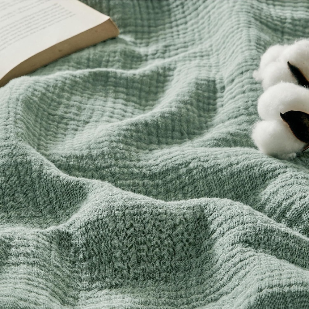 image:imageBedsure 100 Cotton Muslin Blanket Twin XL for Bed 4Layer Breathable and Lightweight Soft Gauze Muslin Blankets for Adults PureWoven Thin Summer Blanket for College Dorm Linen Beige 66x90 Inches03 Sage Green