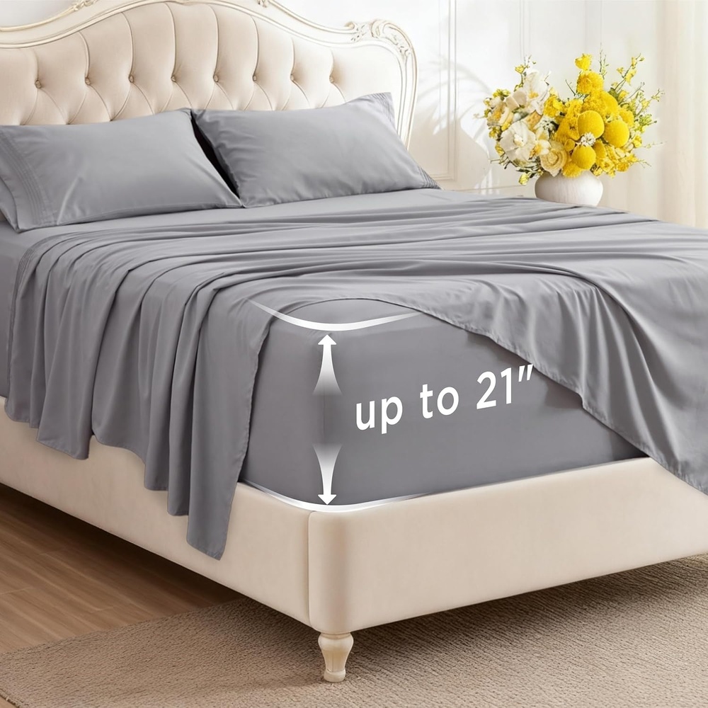 image:imageBedsure Deep Pocket Queen Sheets Set Fits Mattresses Up to 21 Inches Thick 4 Piece GentleSoft Bed Sheets Moisture Wicking Soft amp Cooling Bedsheet amp Pillowcases Easy amp Secure Fit Linen01 Light Grey