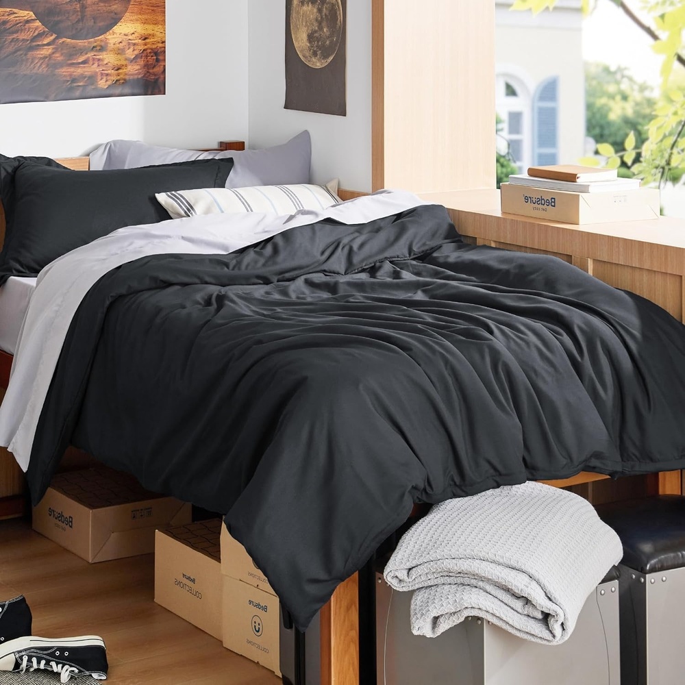 image:imageBedsure Duvet Cover TwinTwin XL Size Soft Double Brushed Bedding Set for Kids amp Adults Zipper Closure 2 Pieces Includes 1 Duvet Cover 68x90 amp 1 Pillow Sham NO Comforter White02 Black