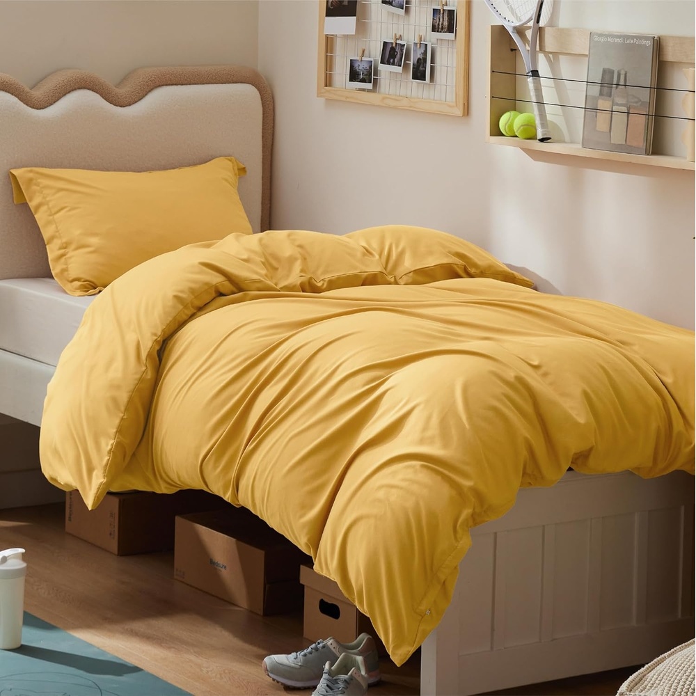 image:imageBedsure Duvet Cover TwinTwin XL Size Soft Double Brushed Bedding Set for Kids amp Adults Zipper Closure 2 Pieces Includes 1 Duvet Cover 68x90 amp 1 Pillow Sham NO Comforter White09 Golden Yellow