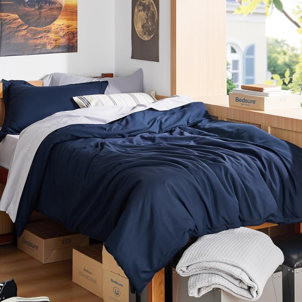 image:imageBedsure Duvet Cover TwinTwin XL Size Soft Double Brushed Bedding Set for Kids amp Adults Zipper Closure 2 Pieces Includes 1 Duvet Cover 68x90 amp 1 Pillow Sham NO Comforter White00 Navy Blue