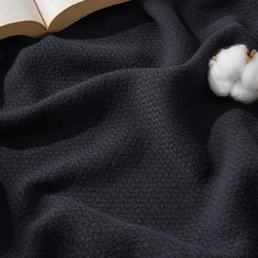 image:imageBedsure GentleSoft 100 Cotton Blanket Twin XL Size for Bed Cooling Breathable and Lightweight Soft Cozy Textured Herringbone Woven Summer Blanket for College Dorm Linen Beige 66x90 inches09 Black