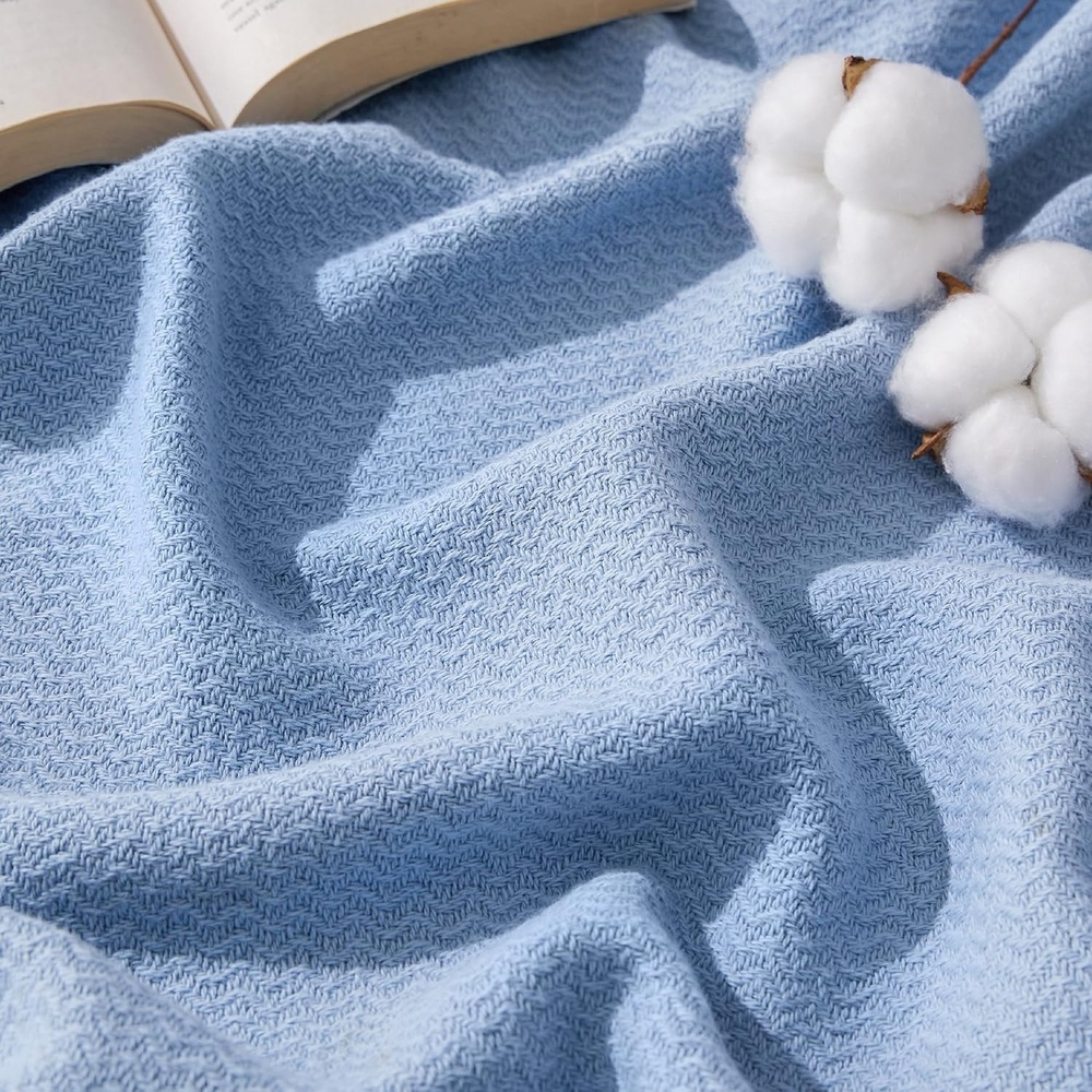 image:imageBedsure GentleSoft 100 Cotton Blanket Twin XL Size for Bed Cooling Breathable and Lightweight Soft Cozy Textured Herringbone Woven Summer Blanket for College Dorm Linen Beige 66x90 inches07 Ashley Blue