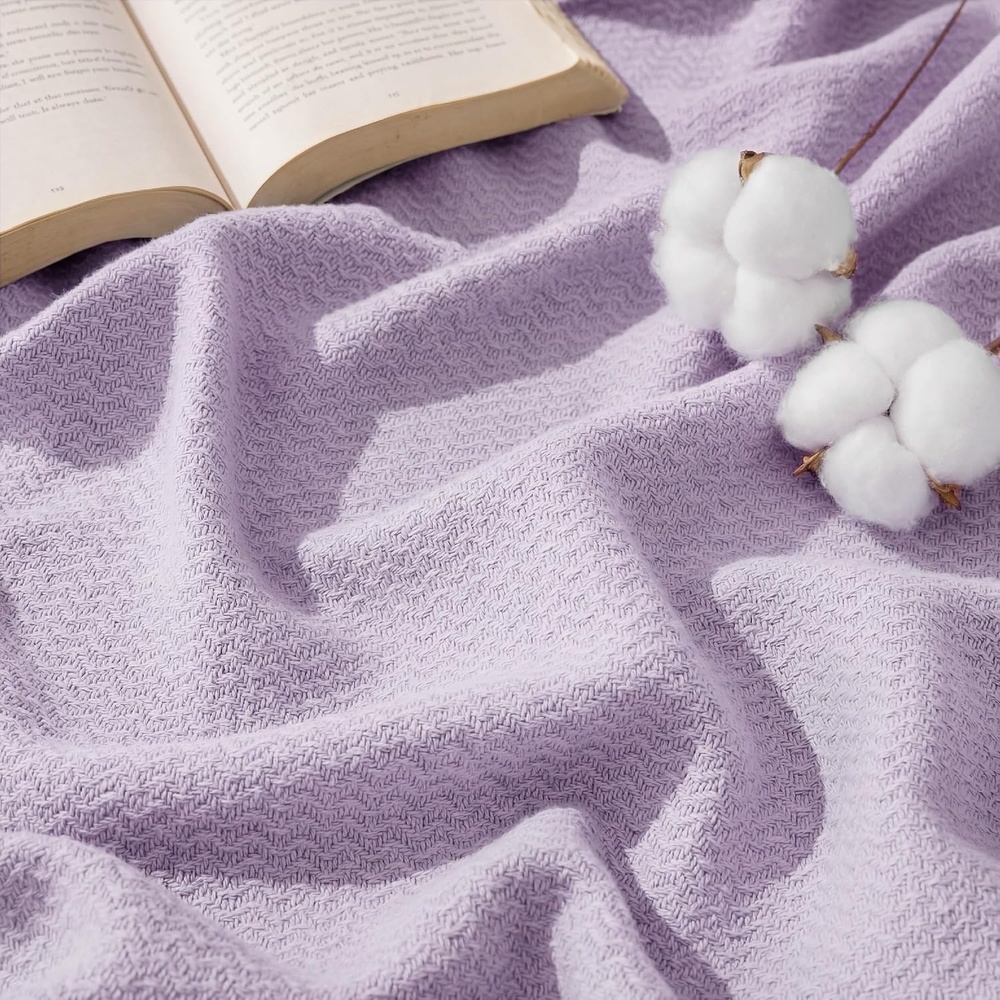 image:imageBedsure GentleSoft 100 Cotton Blanket Twin XL Size for Bed Cooling Breathable and Lightweight Soft Cozy Textured Herringbone Woven Summer Blanket for College Dorm Linen Beige 66x90 inches06 Light Purple