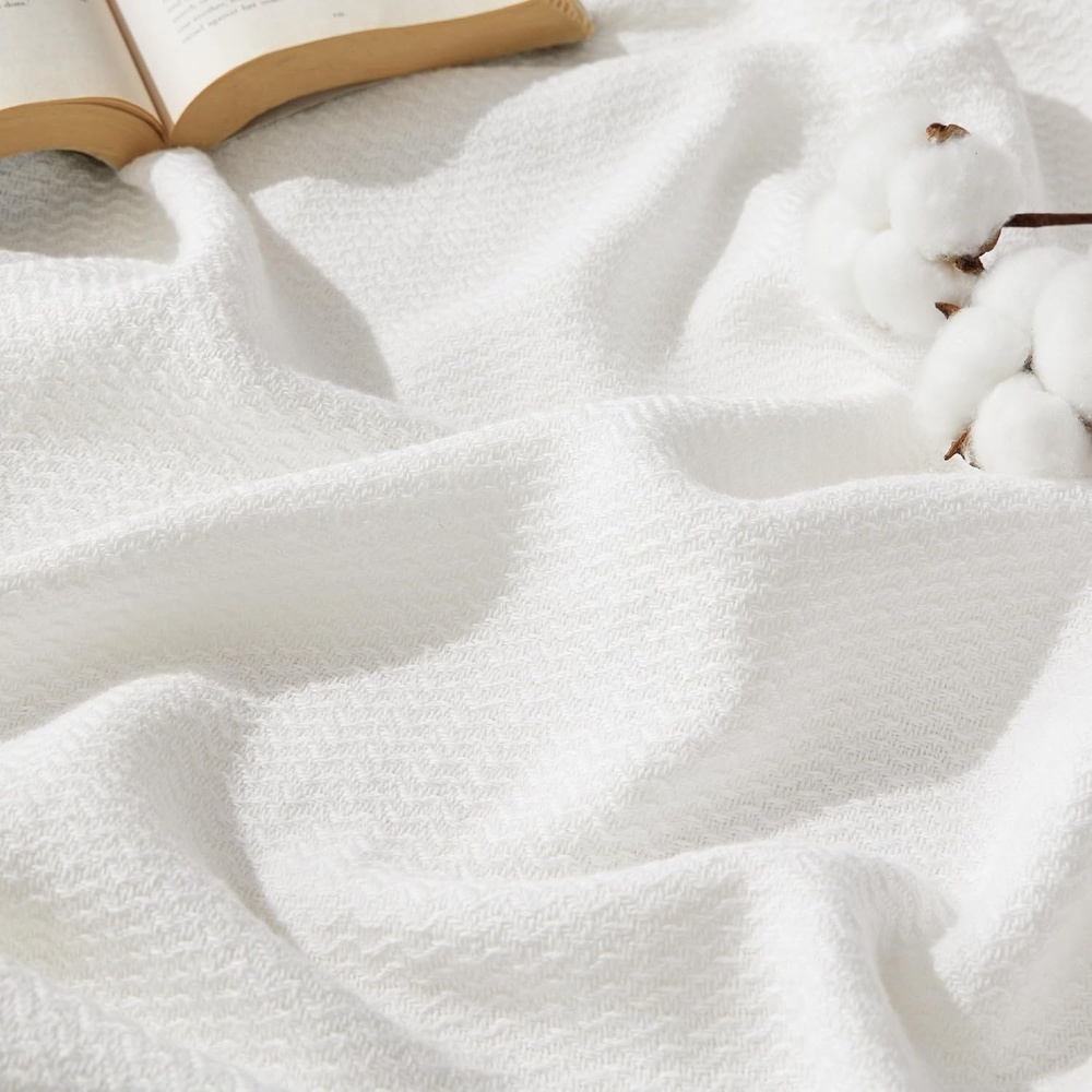 image:imageBedsure GentleSoft 100 Cotton Blanket Twin XL Size for Bed Cooling Breathable and Lightweight Soft Cozy Textured Herringbone Woven Summer Blanket for College Dorm Linen Beige 66x90 inches02 White