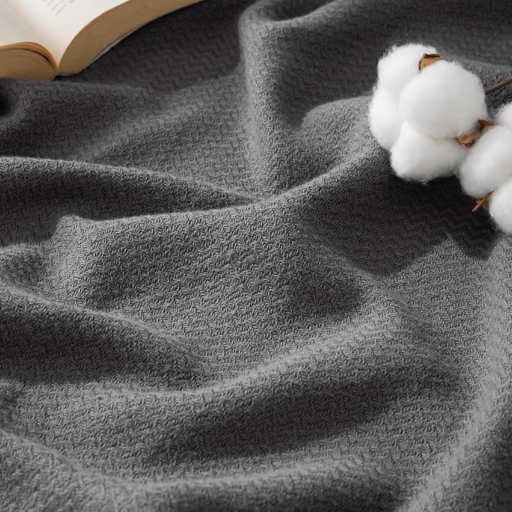 image:imageBedsure GentleSoft 100 Cotton Blanket Twin XL Size for Bed Cooling Breathable and Lightweight Soft Cozy Textured Herringbone Woven Summer Blanket for College Dorm Linen Beige 66x90 inches04 Dark Grey