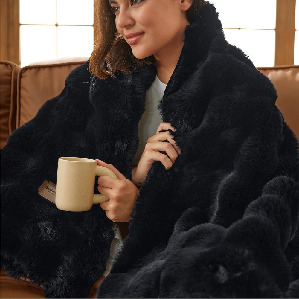 image:imageBedsure GentleSoft Fluffy Fuzzy Tiedye Dark Grey Throw Blanket for Men Soft Cozy Fleece Faux Fur Blanket for Couch Mens Room Decor Charcoal Gray Bed Cover Thick Warm Plush GiftsBlack