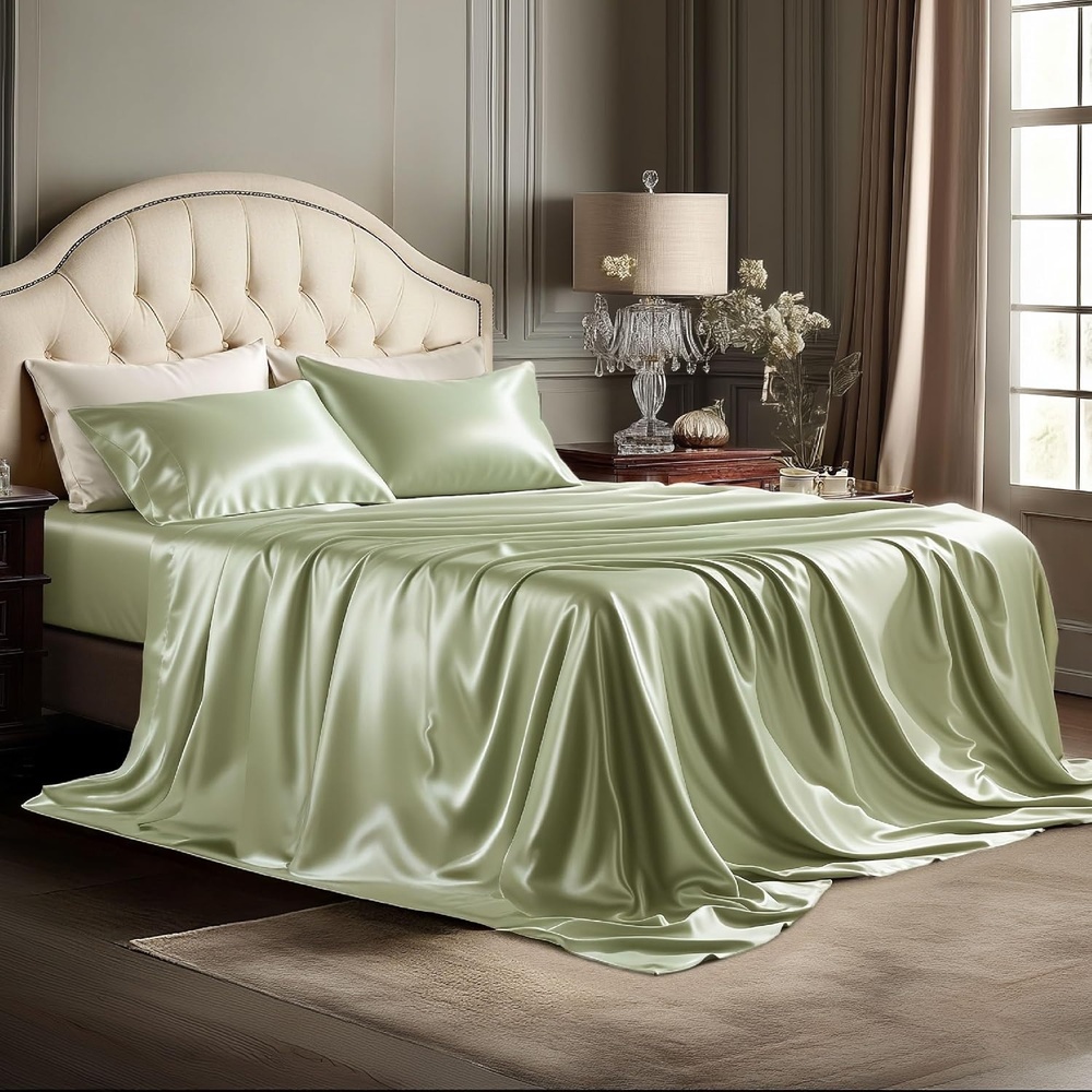 image:imageBedsure Grey Satin Sheets Queen Size Soft Silky Bedsheets for Hair amp Skin  Similar to Silk Bed Sheets Set 4 Piece 360Stronger 15 Inches Deep Pocket Fitted Sheet1 Flat Sheet 2 Satin Pillowcases06  Light Green