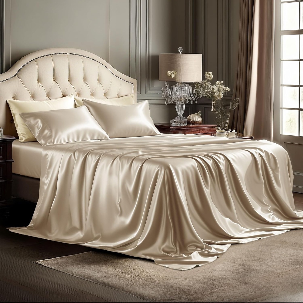 image:imageBedsure Grey Satin Sheets Queen Size Soft Silky Bedsheets for Hair amp Skin  Similar to Silk Bed Sheets Set 4 Piece 360Stronger 15 Inches Deep Pocket Fitted Sheet1 Flat Sheet 2 Satin Pillowcases11  Khaki