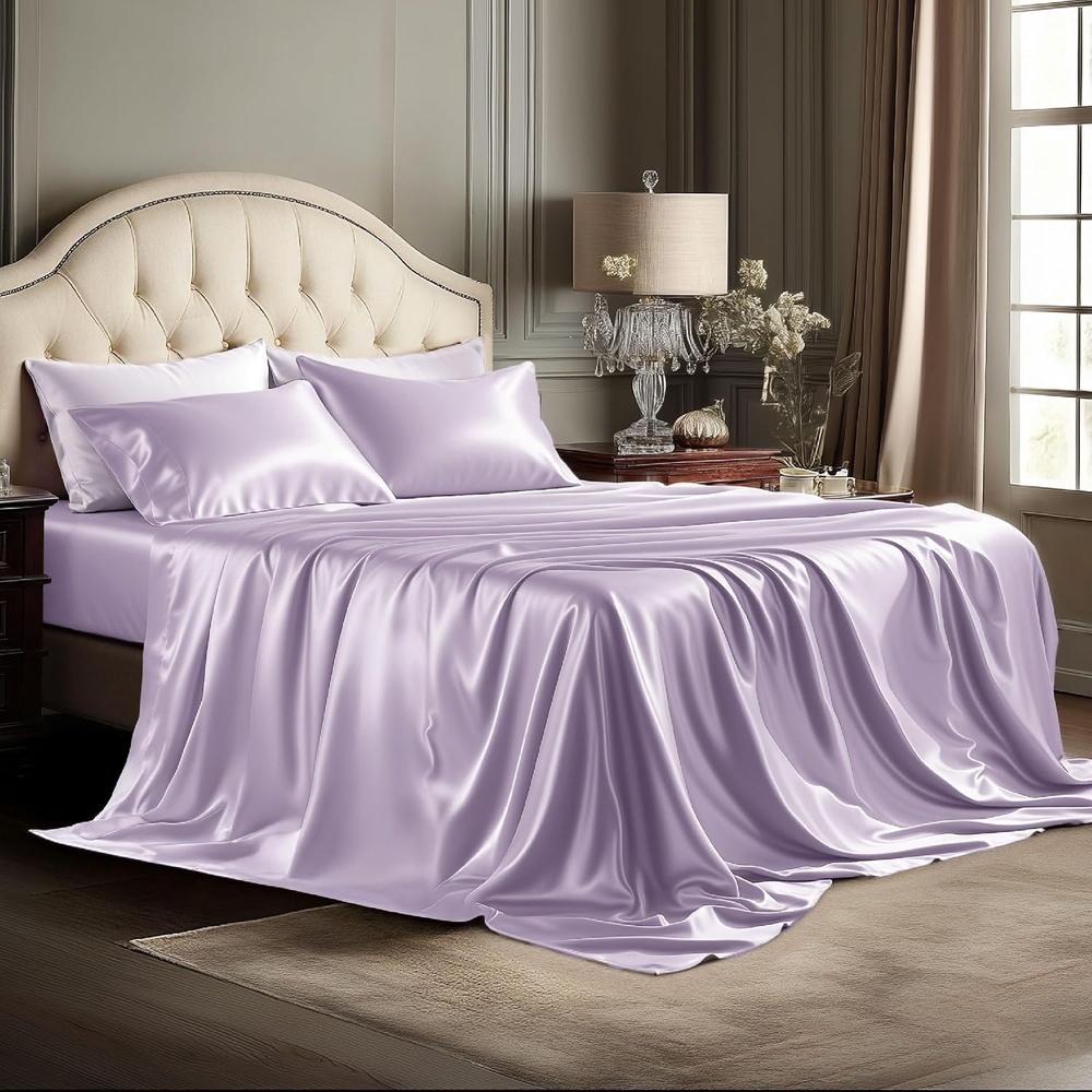 image:imageBedsure Grey Satin Sheets Queen Size Soft Silky Bedsheets for Hair amp Skin  Similar to Silk Bed Sheets Set 4 Piece 360Stronger 15 Inches Deep Pocket Fitted Sheet1 Flat Sheet 2 Satin Pillowcases08  Lavender