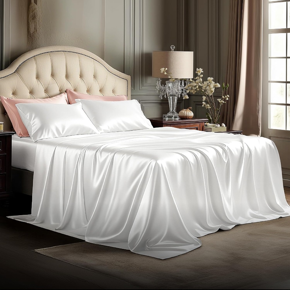 image:imageBedsure Grey Satin Sheets Queen Size Soft Silky Bedsheets for Hair amp Skin Similar to Silk Bed Sheets Set 4 Piece 360Stronger 15 Inches Deep Pocket Fitted Sheet1 Flat Sheet 2 Satin Pillowcases03 White