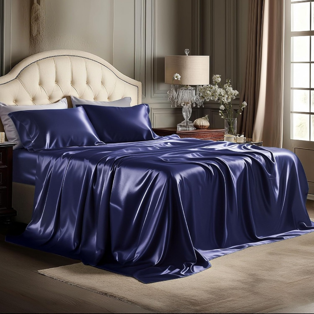 image:imageBedsure Grey Satin Sheets Queen Size Soft Silky Bedsheets for Hair amp Skin  Similar to Silk Bed Sheets Set 4 Piece 360Stronger 15 Inches Deep Pocket Fitted Sheet1 Flat Sheet 2 Satin Pillowcases14  Navy