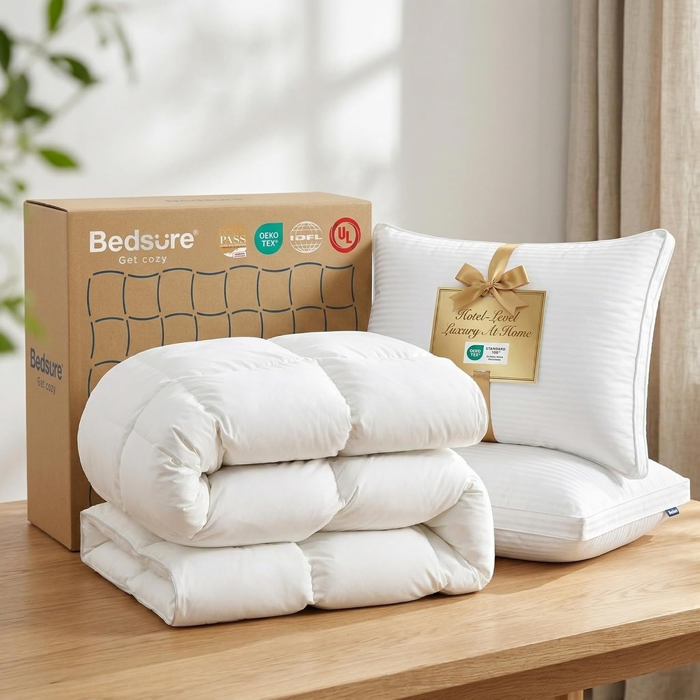 image:imageBedsure King Feather Down Comforter amp Cotton Hotel Pillows Set