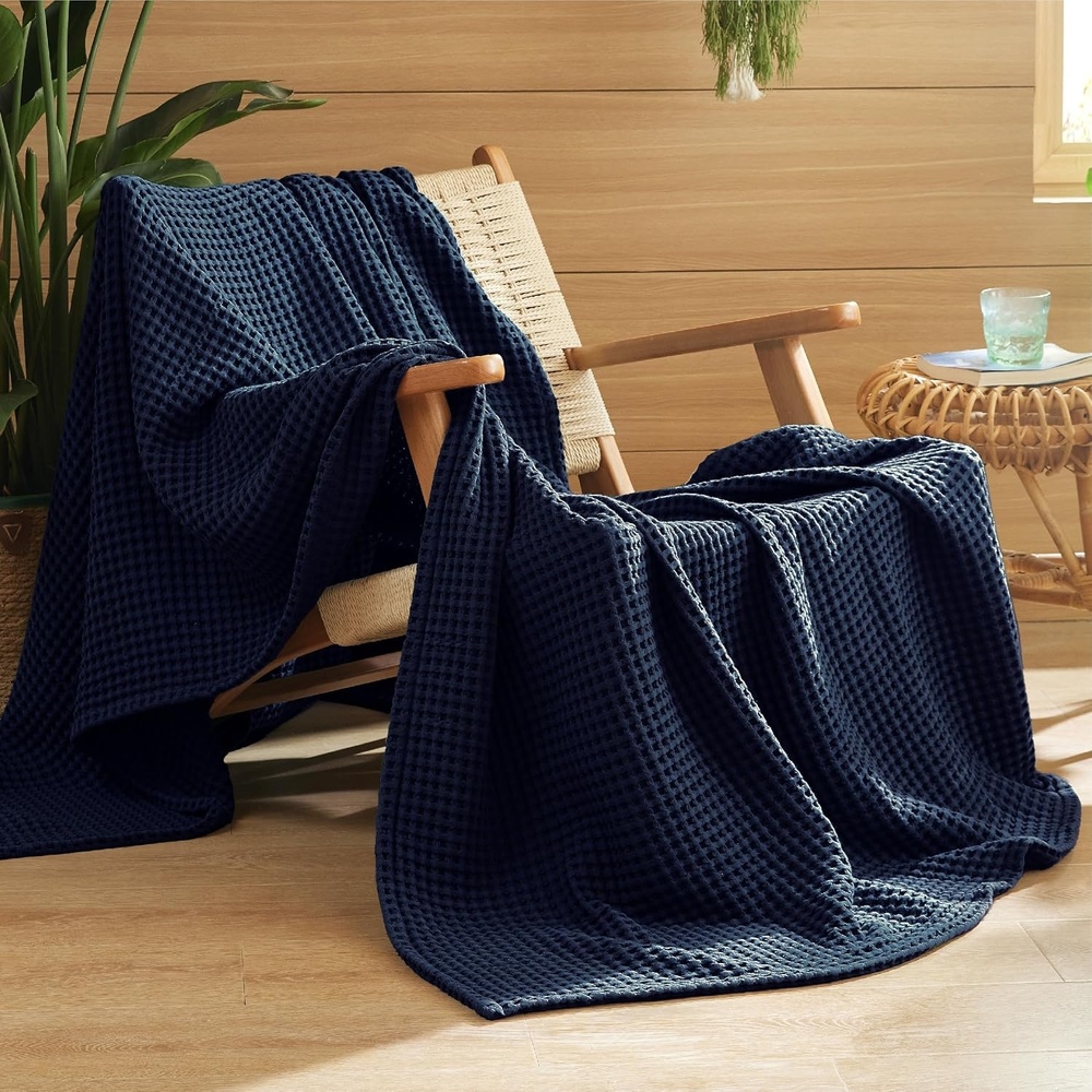 image:imageBedsure Lightweight 100 Cotton Waffle Blanket Twin XL Linen Summer Breathable Soft Light Thin Bed Couch Sofa Chair 66x90 Sheet Blanket Dorm Room Essentials Guys GirlsNavy Blue