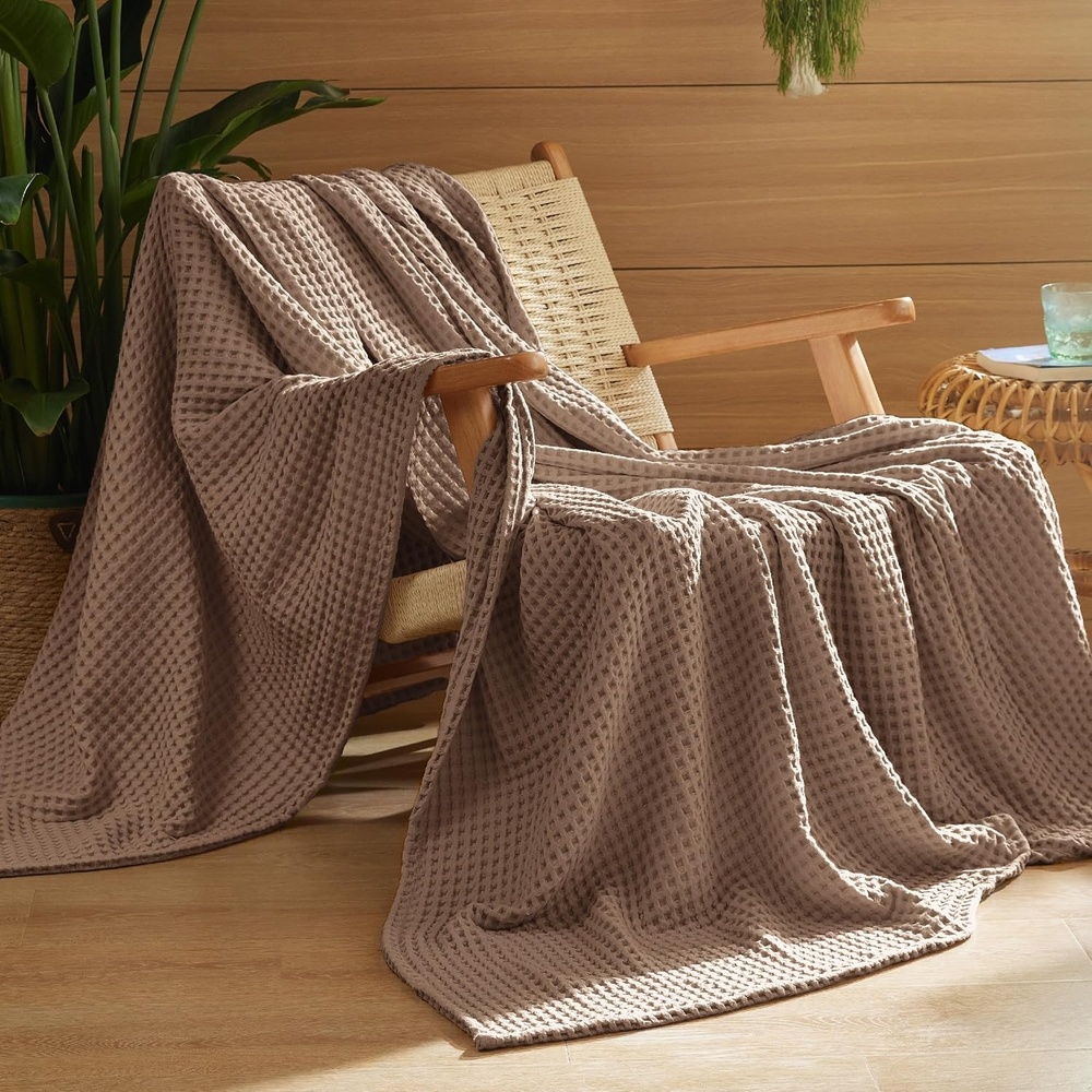 image:imageBedsure Lightweight 100 Cotton Waffle Blanket Twin XL Linen Summer Breathable Soft Light Thin Bed Couch Sofa Chair 66x90 Sheet Blanket Dorm Room Essentials Guys GirlsCoffee Brown