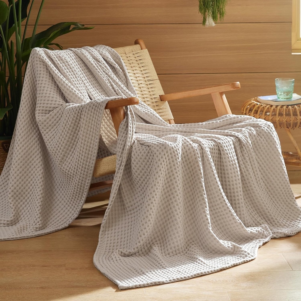 image:imageBedsure Lightweight 100 Cotton Waffle Blanket Twin XL Linen Summer Breathable Soft Light Thin Bed Couch Sofa Chair 66x90 Sheet Blanket Dorm Room Essentials Guys GirlsLinen
