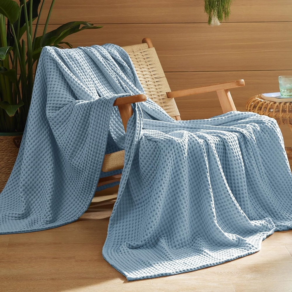 image:imageBedsure Lightweight 100 Cotton Waffle Blanket Twin XL Linen Summer Breathable Soft Light Thin Bed Couch Sofa Chair 66x90 Sheet Blanket Dorm Room Essentials Guys GirlsCelestial Blue