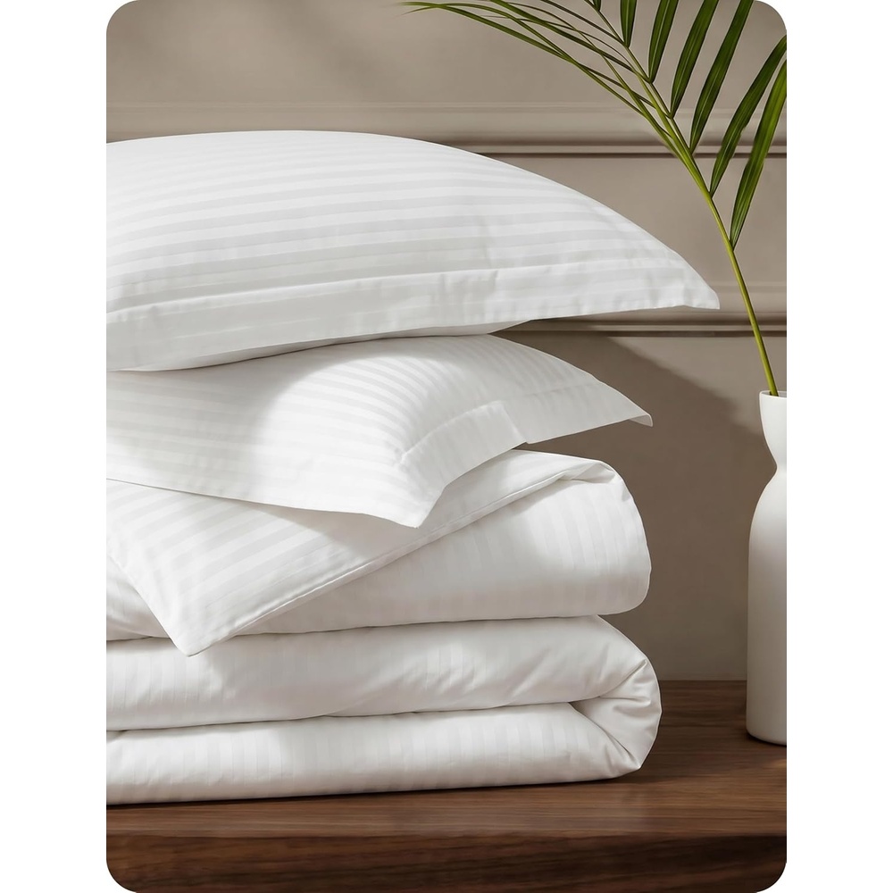 image:imageBedsure PureWoven 100 Cotton Percale Duvet Cover Queen Rope Weave White HotelStyle Breathable Comforter Cover Crisp amp Lightweight Feel Zipper amp 8 Ties Easy Machine Care 3Piece 90x90 White06 Hotel Striped Jacquard