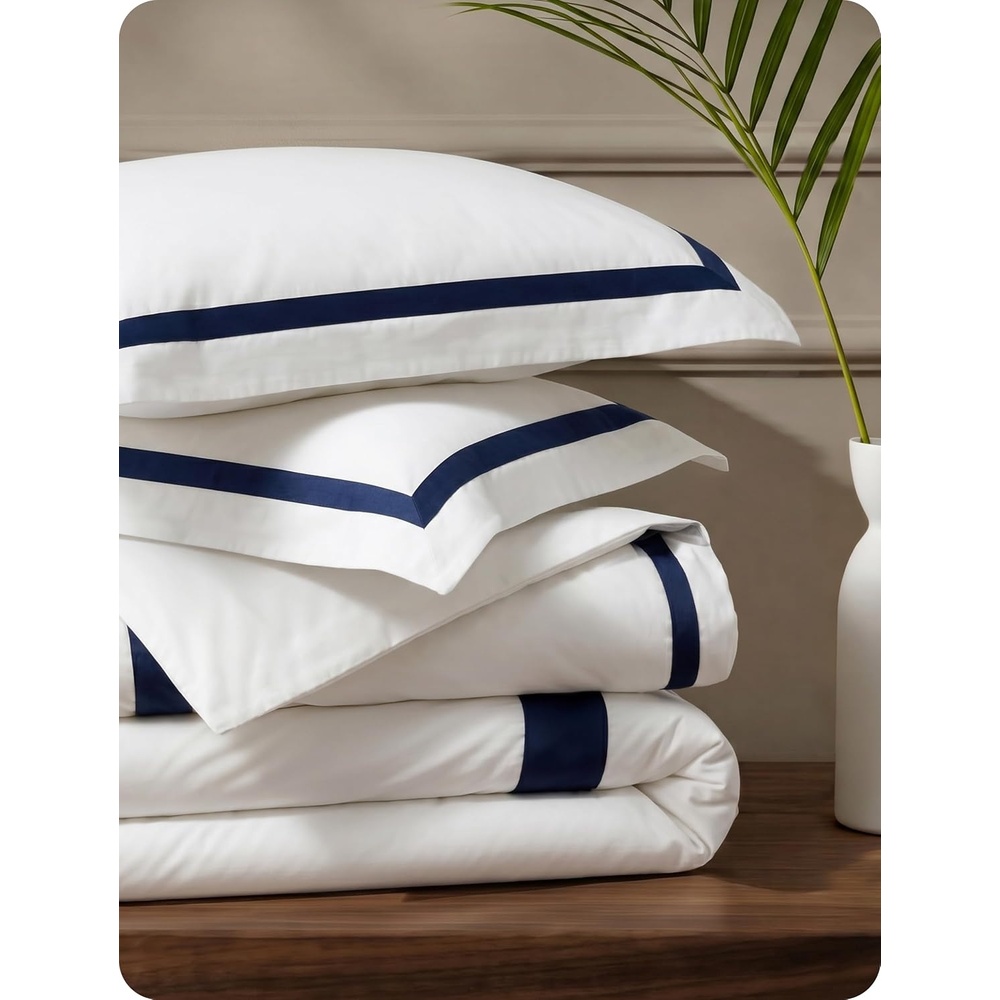 image:imageBedsure PureWoven 100 Cotton Percale Duvet Cover Queen Rope Weave White HotelStyle Breathable Comforter Cover Crisp amp Lightweight Feel Zipper amp 8 Ties Easy Machine Care 3Piece 90x90 White04 Hotel Navy Frame