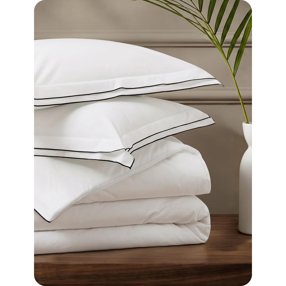 image:imageBedsure PureWoven 100 Cotton Percale Duvet Cover Queen Rope Weave White HotelStyle Breathable Comforter Cover Crisp amp Lightweight Feel Zipper amp 8 Ties Easy Machine Care 3Piece 90x90 White03 Hotel Leaf Edge
