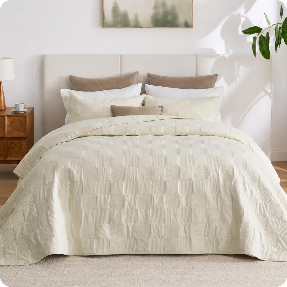 image:imageBedsure PureWoven 100 Cotton Quilt Set King Bedspread Dusty Blue  Lightweight Breathable Coverlet amp 2 Pillow Shams 3Piece Geometric Bedding Set AllSeason Machine Washable 106x96 in10  Beige Checker