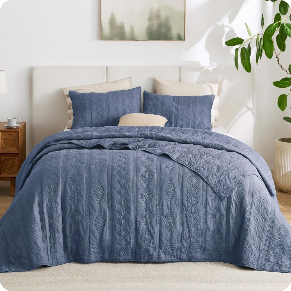 image:imageBedsure PureWoven 100 Cotton Quilt Set King Bedspread Dusty Blue  Lightweight Breathable Coverlet amp 2 Pillow Shams 3Piece Geometric Bedding Set AllSeason Machine Washable 106x96 in04  Dusty Blue  Tribal Geometry
