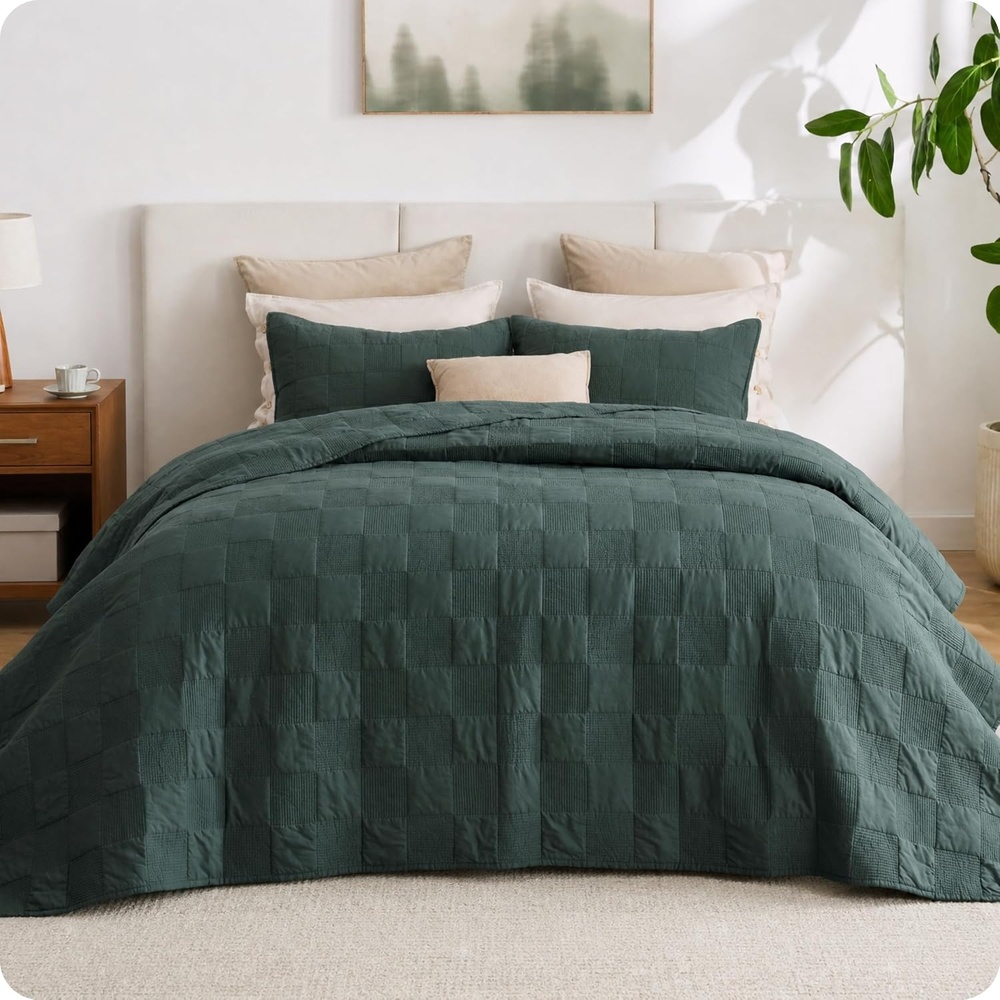 image:imageBedsure PureWoven 100 Cotton Quilt Set King Bedspread Dusty Blue  Lightweight Breathable Coverlet amp 2 Pillow Shams 3Piece Geometric Bedding Set AllSeason Machine Washable 106x96 in11  Dark Green Checker