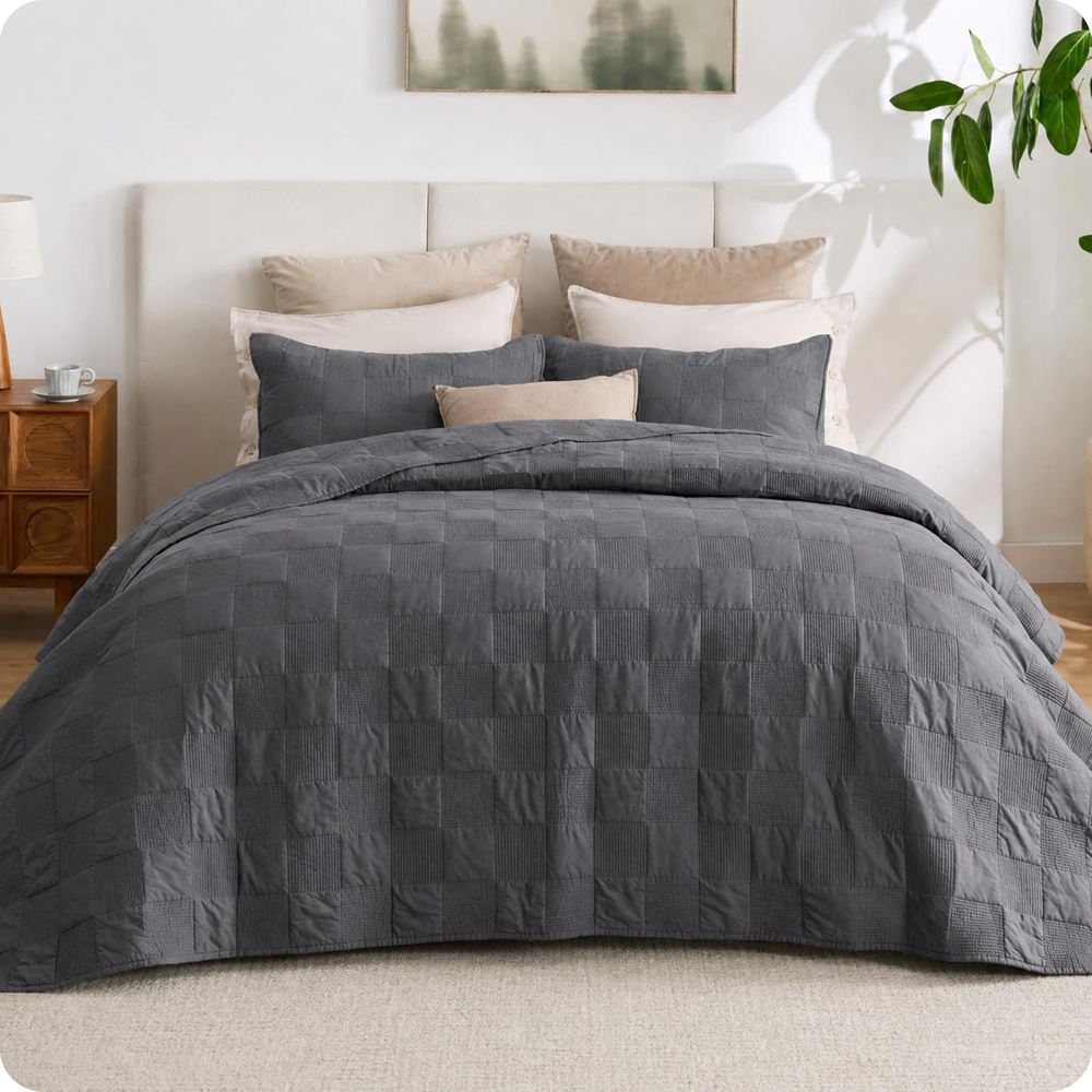 image:imageBedsure PureWoven 100 Cotton Quilt Set King Bedspread Dusty Blue Lightweight Breathable Coverlet amp 2 Pillow Shams 3Piece Geometric Bedding Set AllSeason Machine Washable 106x96 in12 Grey Checker