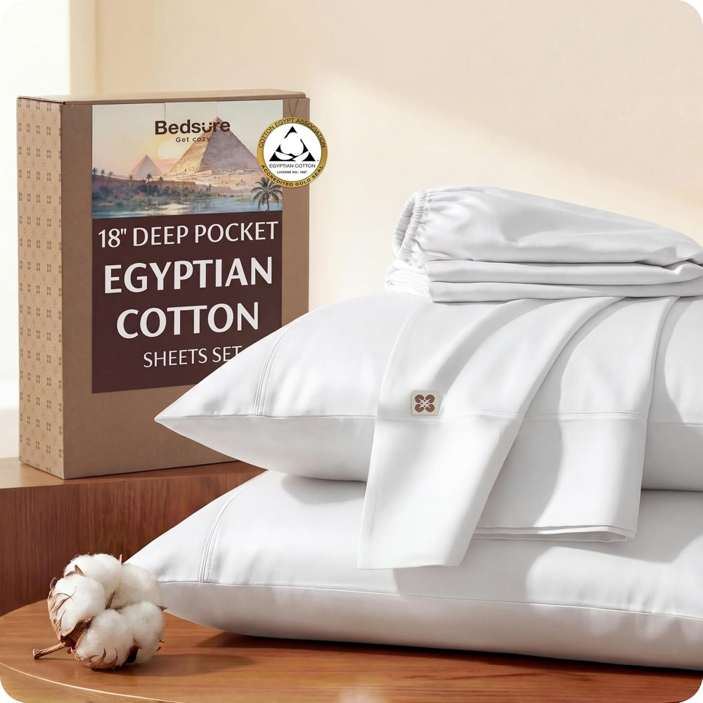 image:imageBedsure PureWoven 100 Giza Egyptian Cotton King Sheets CEA amp BV Certified 18 Deep Pocket Sateen Sheets with Corner Straps Durable amp AllSeason Breathable Hotel Luxury OekoTex Giftable WhiteWhite