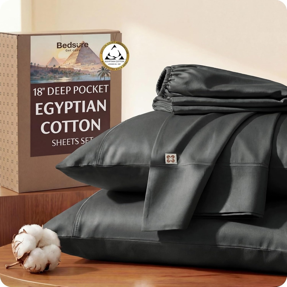 image:imageBedsure PureWoven 100 Giza Egyptian Cotton Queen Sheet CEA amp BV Certified  18 Deep Pocket Sateen Sheets with Corner Straps Durable amp AllSeason Breathable Hotel Luxury OekoTex Giftable BeigeGrey