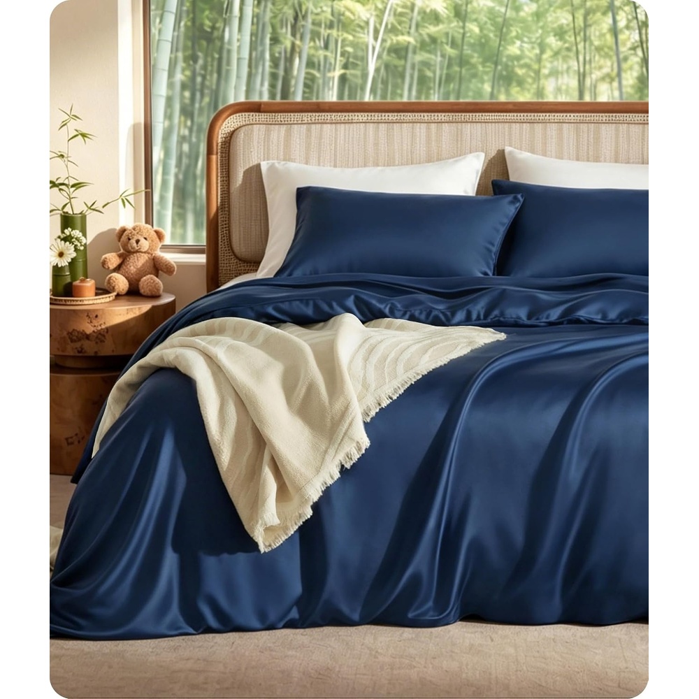 image:imageBedsure PureWoven 100 Organic Bamboo Cooling Duvet Cover Set King Green  Silky Soft Luxury for Hot Sleepers 300TC Button Closure 3 Pieces with 2 Pillow ShamsNo Insert 104 X 90Navy
