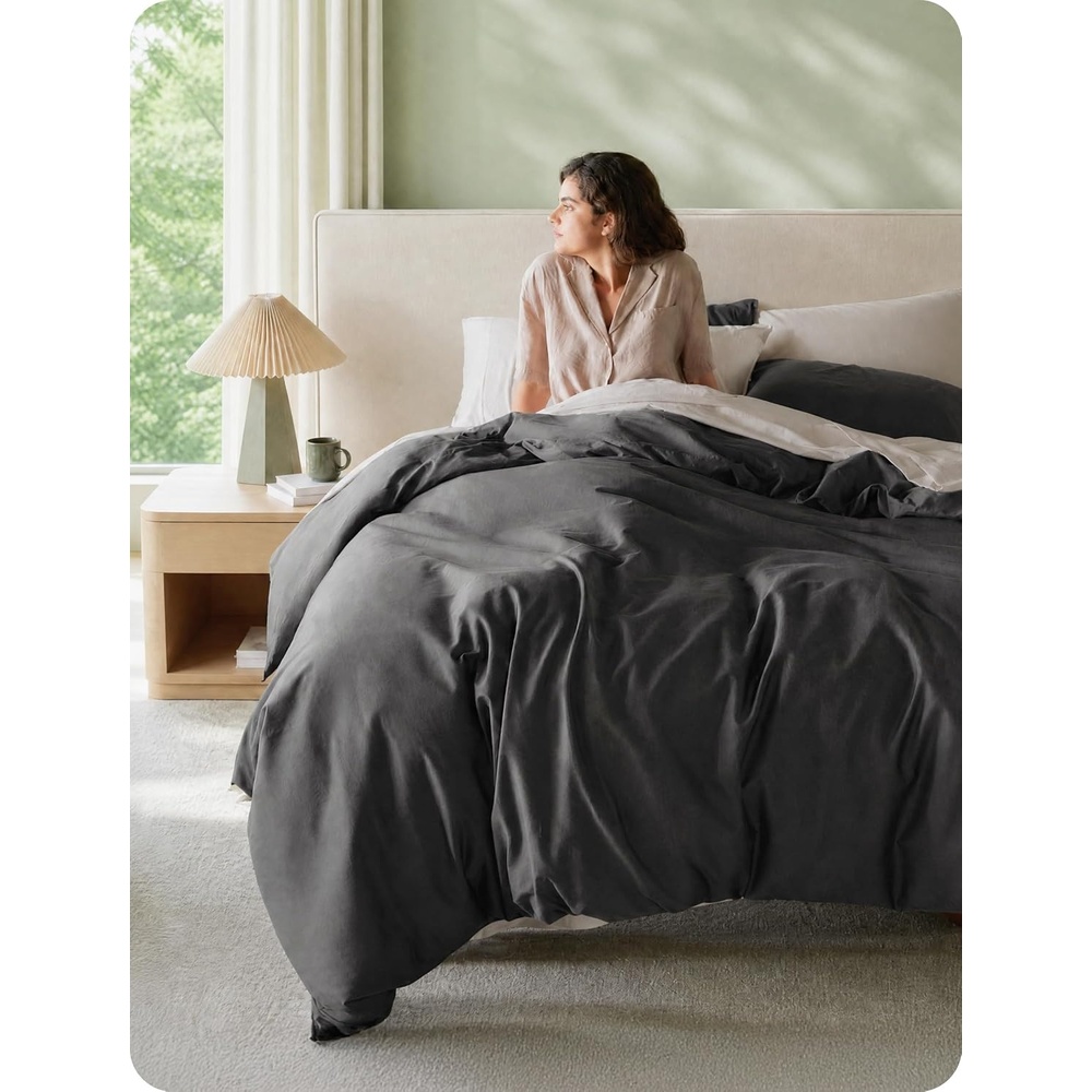 image:imageBedsure PureWoven 100 Organic Cotton Queen Duvet Cover Set Ivory GOTS Certified Luxury Zipper Closure UltraSoft Breathable 2 Pillow Shams Included 8 Ties for Sensitive Skins 90x90Dark Gray No Comforter