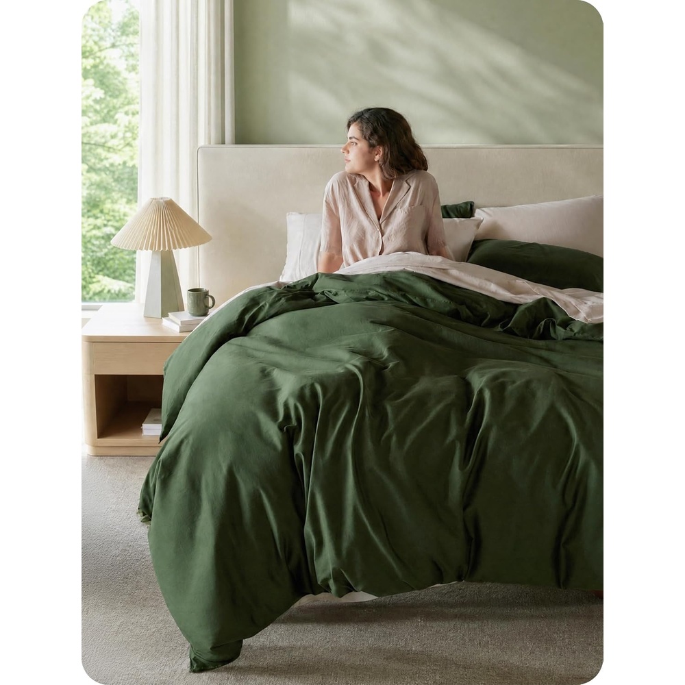 image:imageBedsure PureWoven 100 Organic Cotton Queen Duvet Cover Set Ivory  GOTS Certified Luxury Zipper Closure UltraSoft Breathable 2 Pillow Shams Included 8 Ties for Sensitive Skins 90x90Olive Green No Comforter