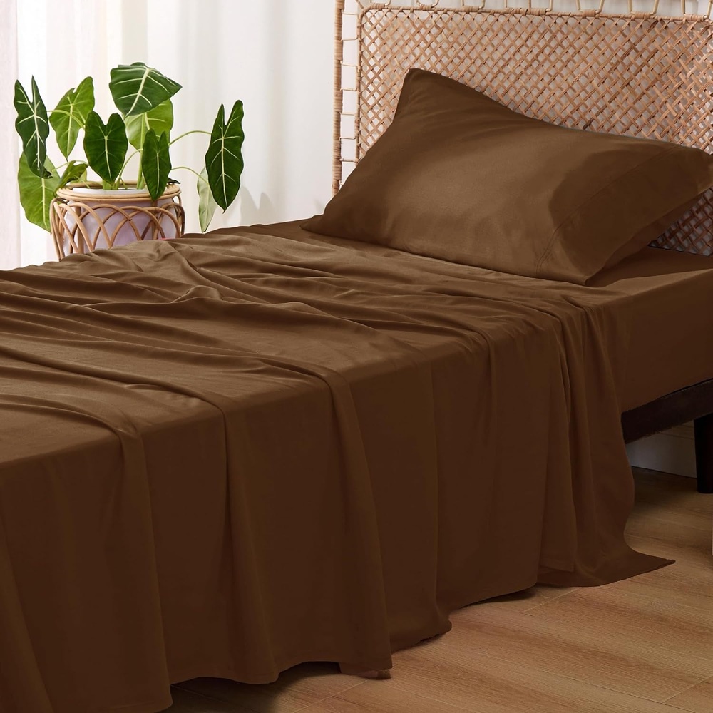 image:imageBedsure PureWoven 100 Rayon Derived from Bamboo Queen Sheets 4 Pieces  Cooling Sheets for Hot Sleepers Breathable amp Silky Soft 16 Deep Pocket Hotel Luxury Bedding White20  Brown