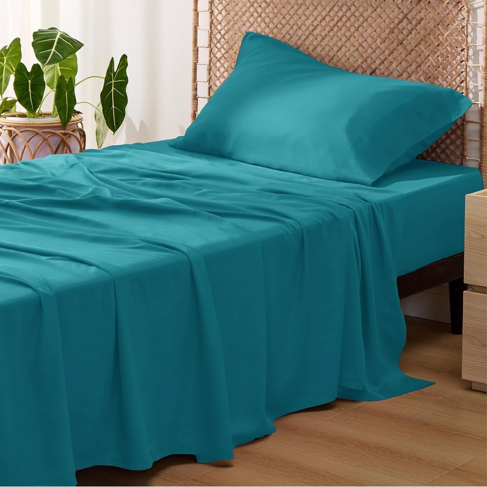 image:imageBedsure PureWoven 100 Rayon Derived from Bamboo Queen Sheets 4 Pieces  Cooling Sheets for Hot Sleepers Breathable amp Silky Soft 16 Deep Pocket Hotel Luxury Bedding White18  Turquoise