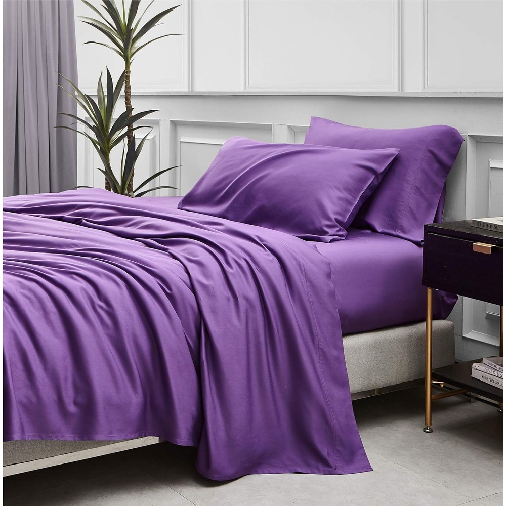 image:imageBedsure PureWoven 100 Rayon Derived from Bamboo Queen Sheets 4 Pieces Cooling Sheets for Hot Sleepers Breathable amp Silky Soft 16 Deep Pocket Hotel Luxury Bedding WhitePurple