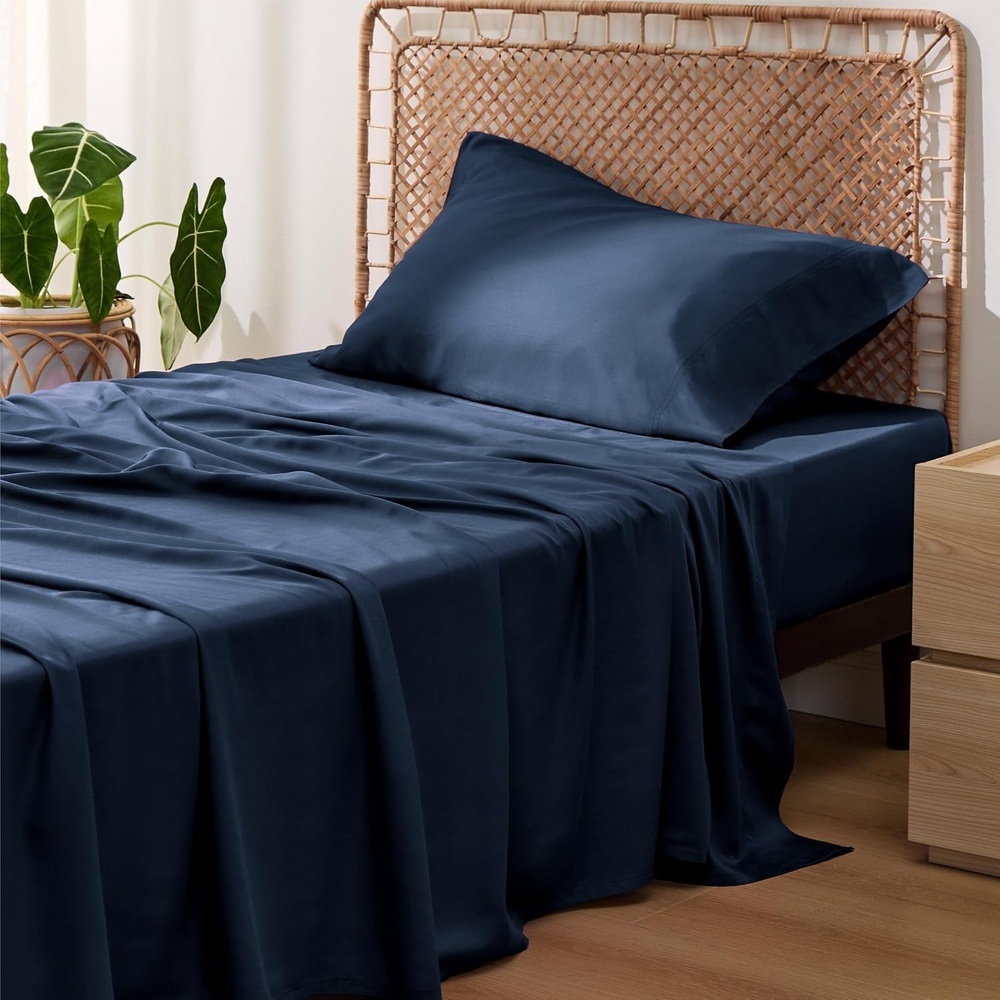 image:imageBedsure PureWoven 100 Rayon Derived from Bamboo Queen Sheets 4 Pieces Cooling Sheets for Hot Sleepers Breathable amp Silky Soft 16 Deep Pocket Hotel Luxury Bedding White07 Navy