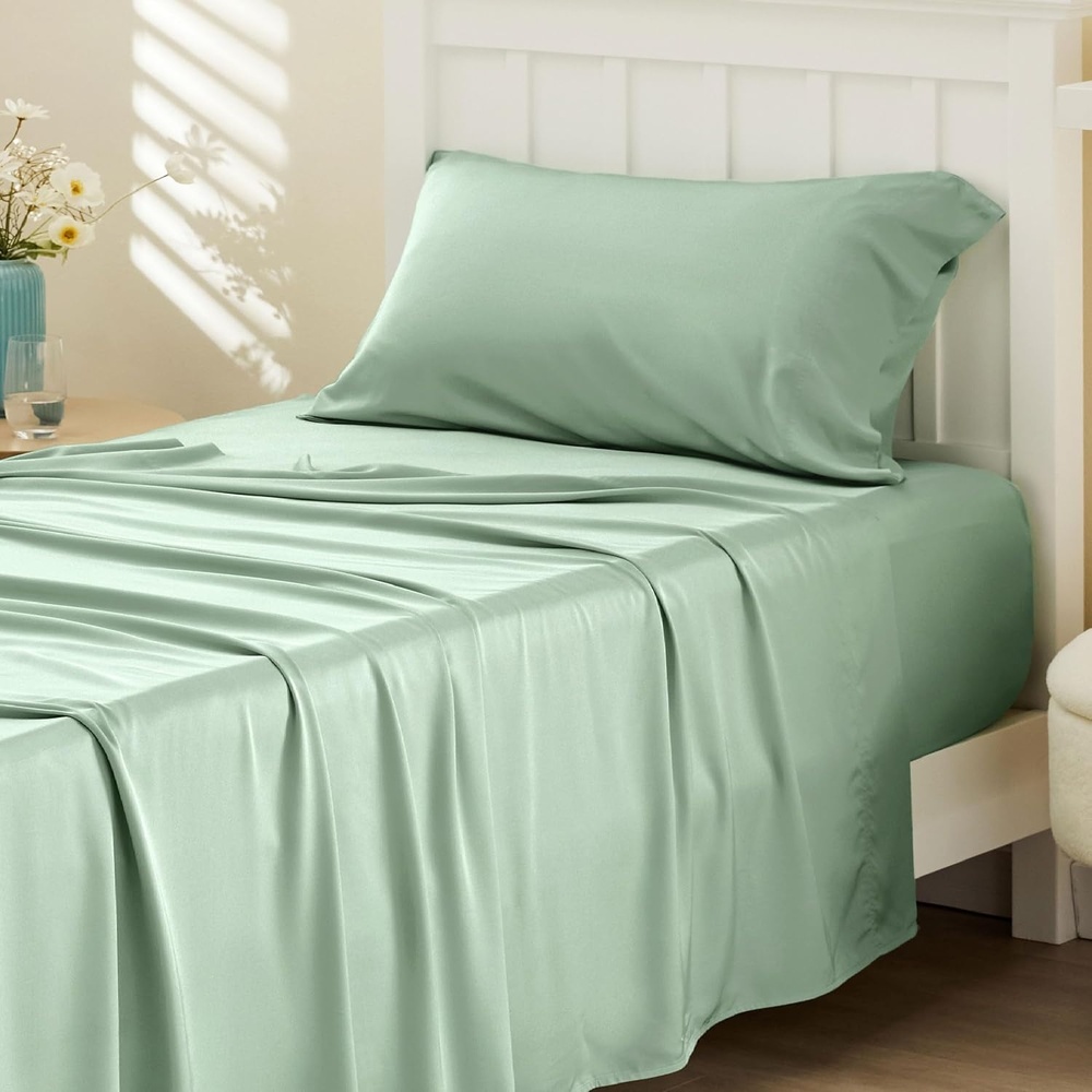 image:imageBedsure PureWoven 100 Rayon Derived from Bamboo Queen Sheets 4 Pieces Cooling Sheets for Hot Sleepers Breathable amp Silky Soft 16 Deep Pocket Hotel Luxury Bedding White10 Sage Green