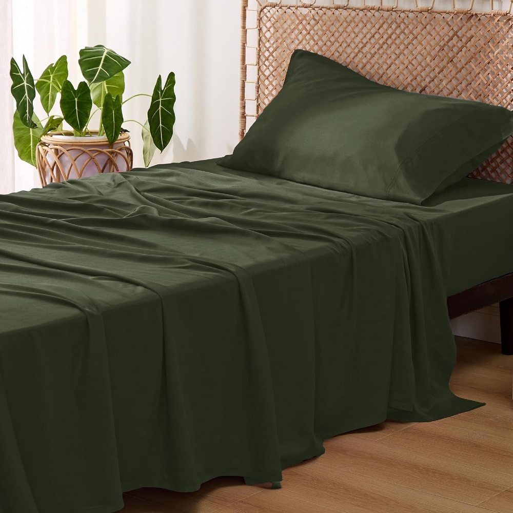image:imageBedsure PureWoven 100 Rayon Derived from Bamboo Queen Sheets 4 Pieces Cooling Sheets for Hot Sleepers Breathable amp Silky Soft 16 Deep Pocket Hotel Luxury Bedding White22 Olive Green