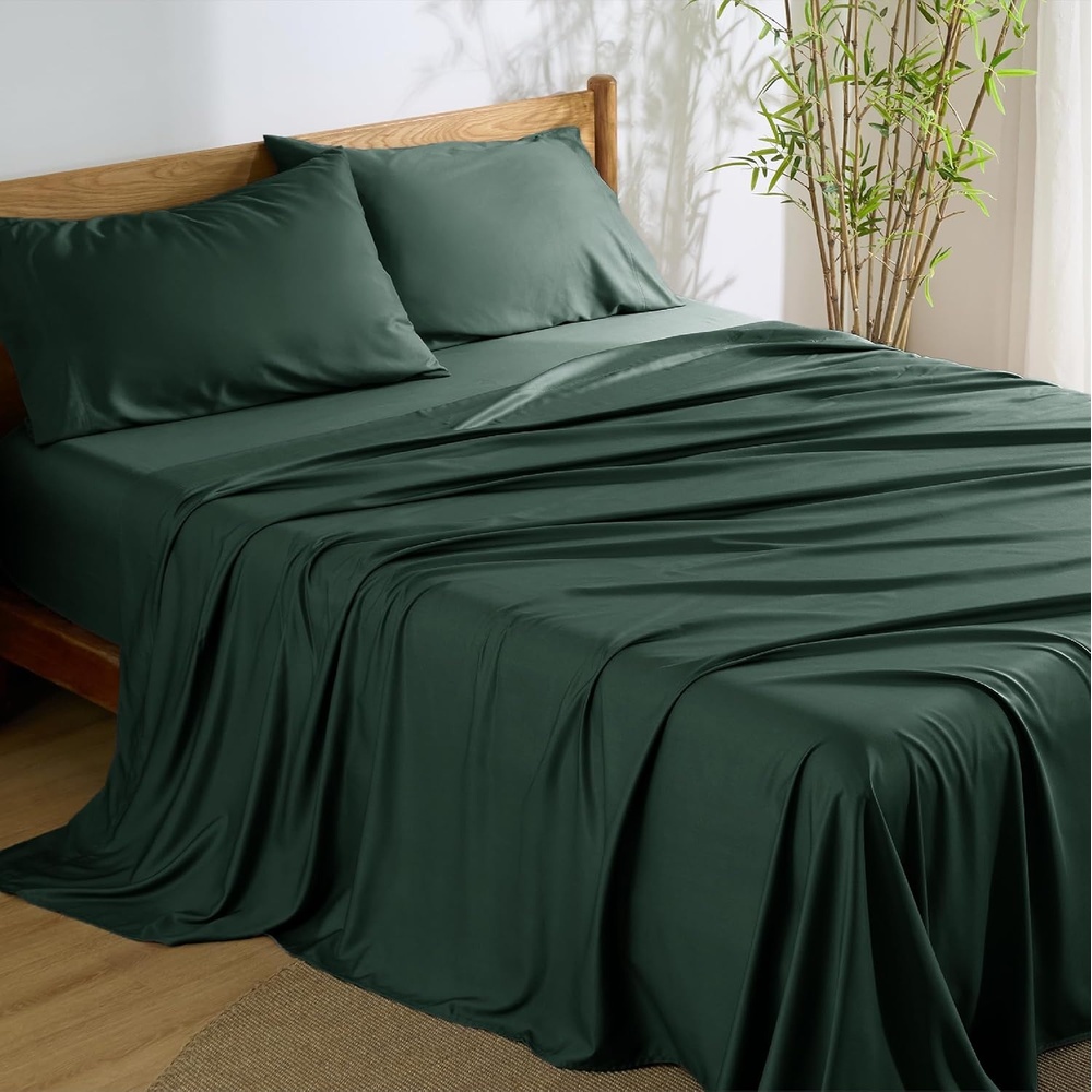 image:imageBedsure PureWoven 100 Rayon Derived from Bamboo Queen Sheets 4 Pieces Cooling Sheets for Hot Sleepers Breathable amp Silky Soft 16 Deep Pocket Hotel Luxury Bedding White26 Forest Green
