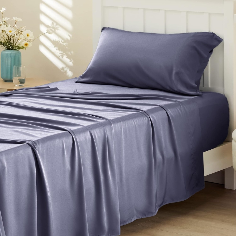 image:imageBedsure PureWoven 100 Rayon Derived from Bamboo Queen Sheets 4 Pieces Cooling Sheets for Hot Sleepers Breathable amp Silky Soft 16 Deep Pocket Hotel Luxury Bedding White01 Dark Grey