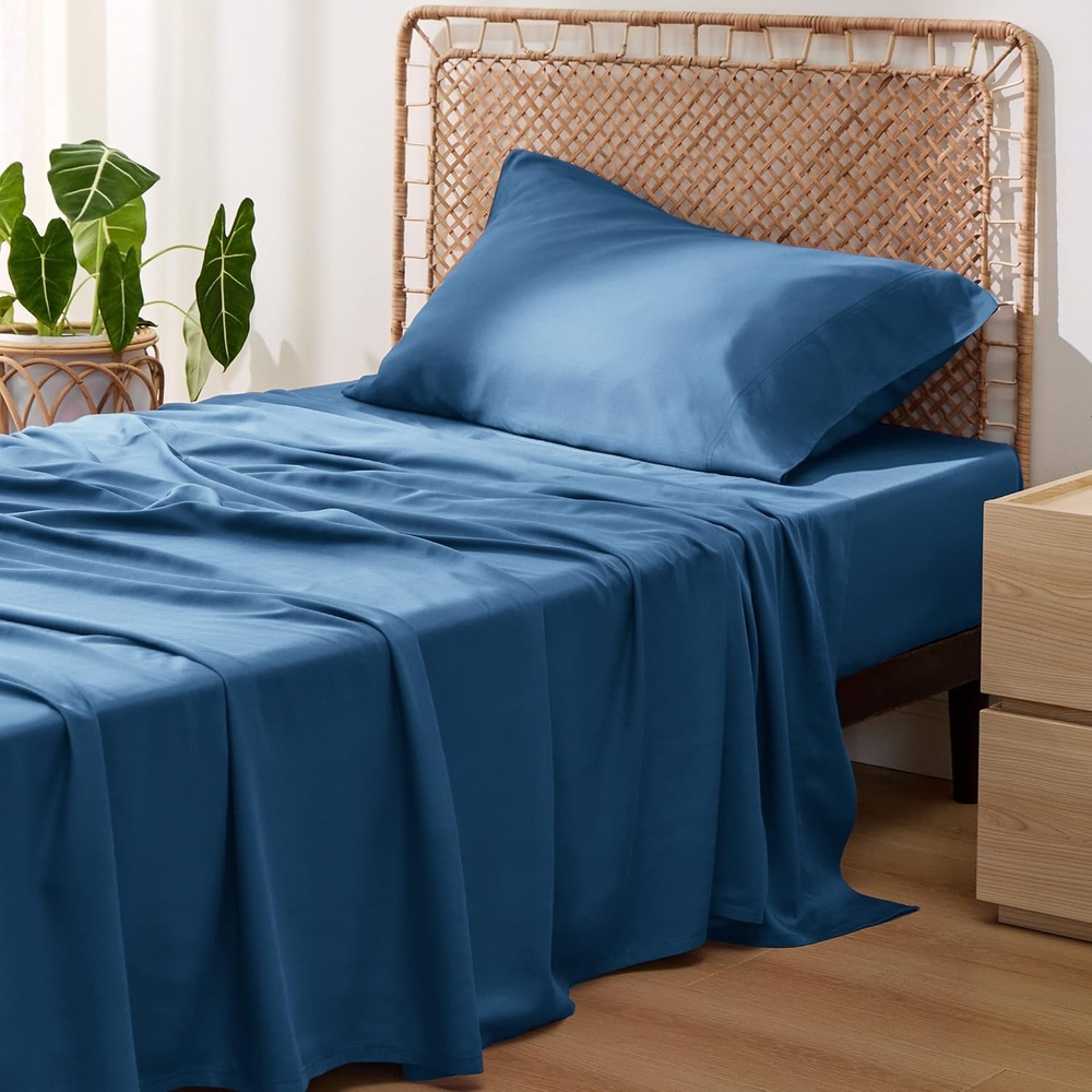 image:imageBedsure PureWoven 100 Rayon Derived from Bamboo Queen Sheets 4 Pieces Cooling Sheets for Hot Sleepers Breathable amp Silky Soft 16 Deep Pocket Hotel Luxury Bedding White06 Teal