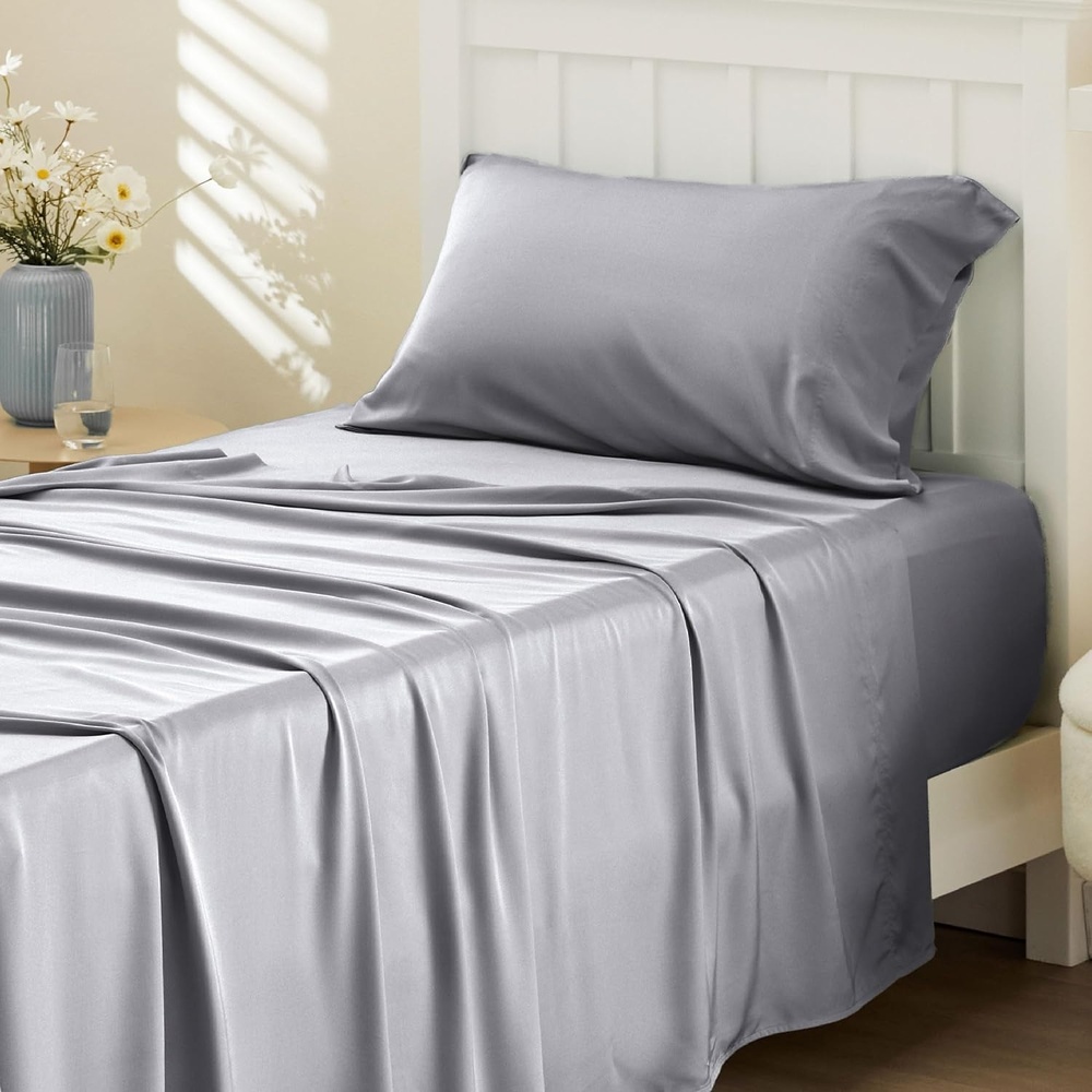 image:imageBedsure PureWoven 100 Rayon Derived from Bamboo Queen Sheets 4 Pieces Cooling Sheets for Hot Sleepers Breathable amp Silky Soft 16 Deep Pocket Hotel Luxury Bedding White04 Silver Grey