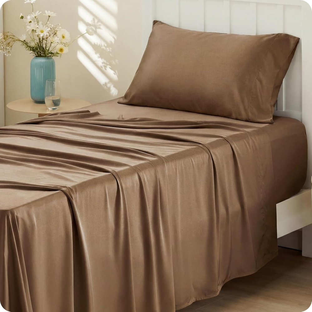 image:imageBedsure PureWoven 100 Rayon Derived from Bamboo Queen Sheets 4 Pieces Cooling Sheets for Hot Sleepers Breathable amp Silky Soft 16 Deep Pocket Hotel Luxury Bedding White28 Coffee