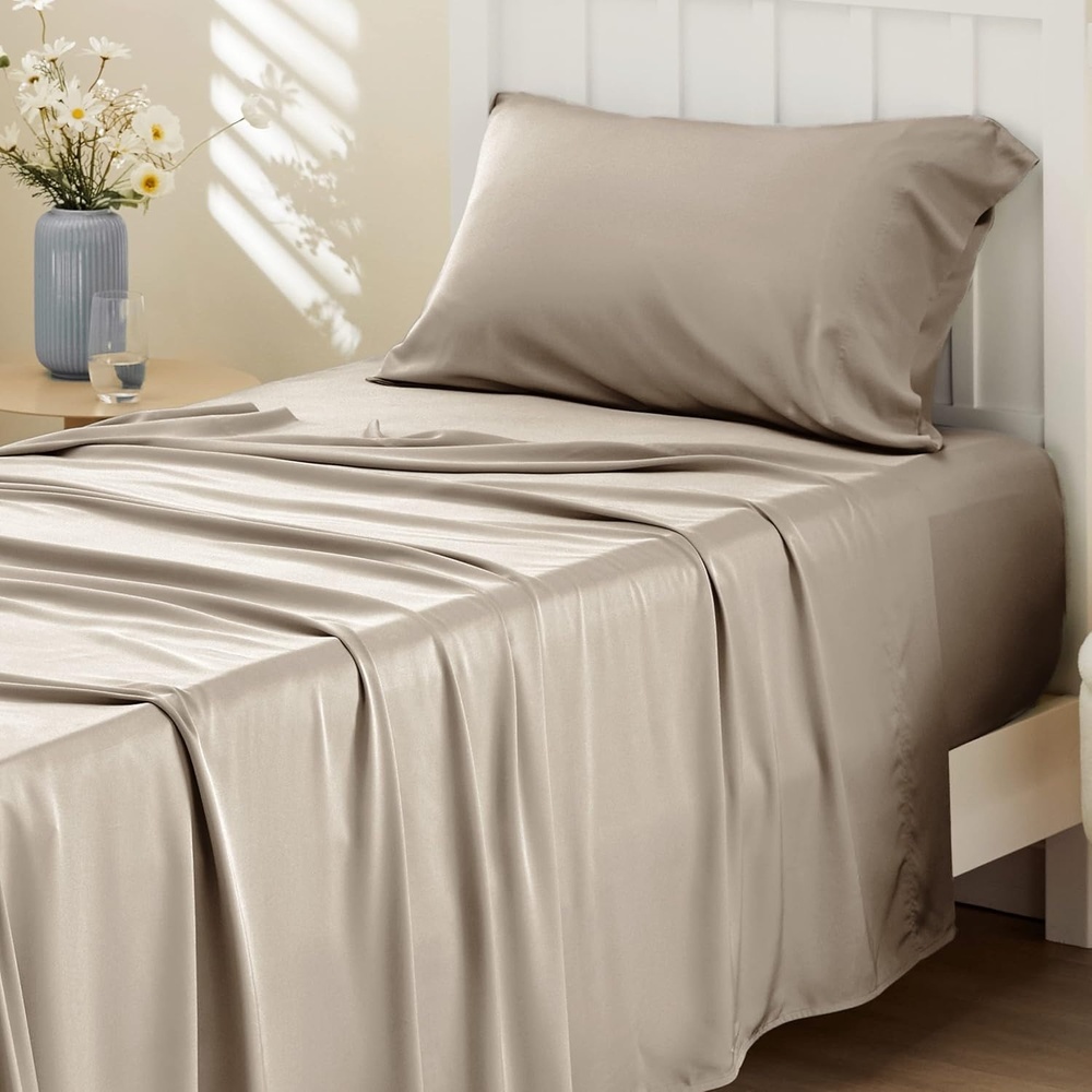 image:imageBedsure PureWoven 100 Rayon Derived from Bamboo Queen Sheets 4 Pieces Cooling Sheets for Hot Sleepers Breathable amp Silky Soft 16 Deep Pocket Hotel Luxury Bedding White17 Simply Taupe