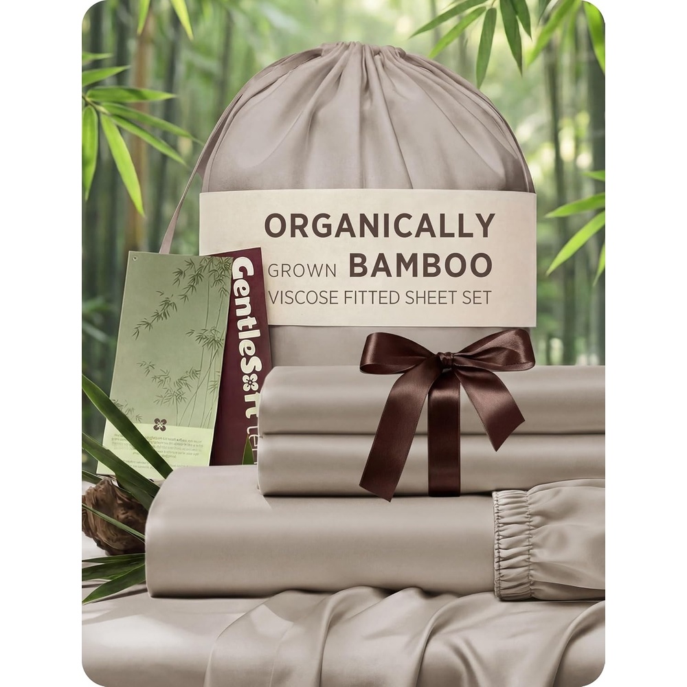 image:imageBedsure PureWoven 100 Viscose Derived from Bamboo King Size Sheet Set 3PCS Organically Grown 18 Deep Pocket Cooling Fitted Sheet Set for Hot Sleepers Luxury Silky Soft No Flat Sheet White03 Light Brown